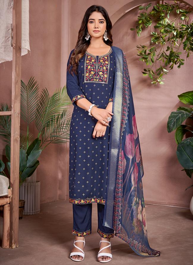 Rayon Navy Blue Traditional Wear Embroidery Work Readymade Kurti Set